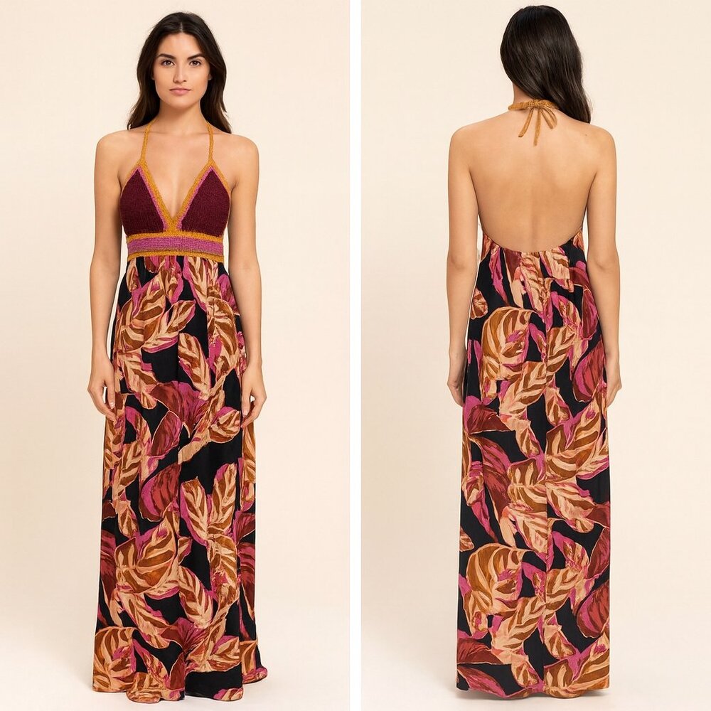 Mossimo Bohemian Halter Maxi Dress with Crocheted Top Festival Beachy Coastal